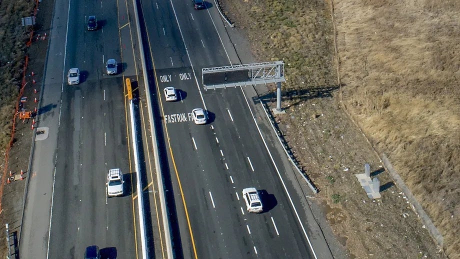 Aerial photo shows Express Lane construction work along southbound I-680