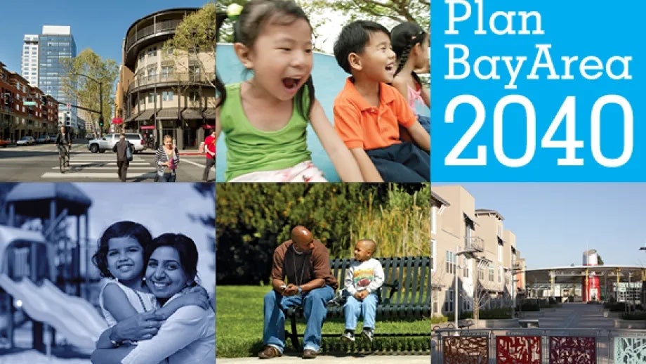 A montage of different Bay Area scenes with the Plan Bay Area 2040 logo.