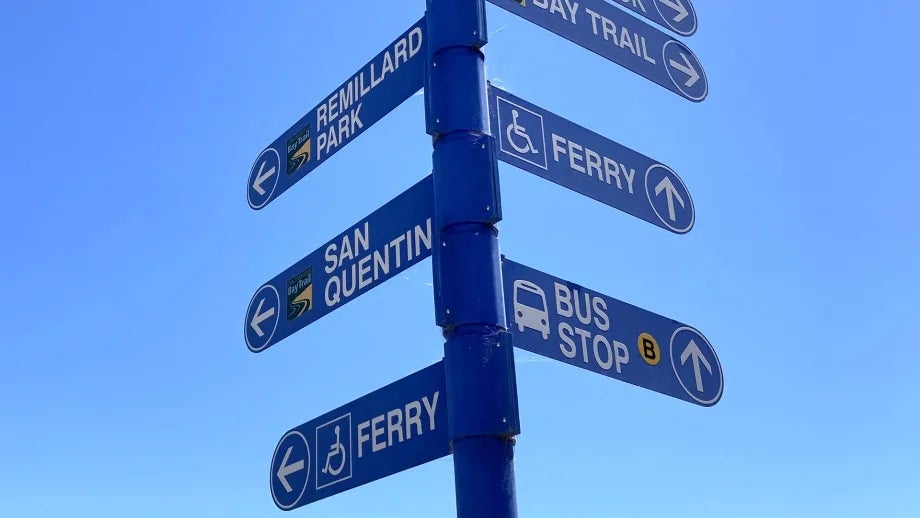 A signpost with arrows pointing toward different points of interest, including a bus stop and ferry terminal.