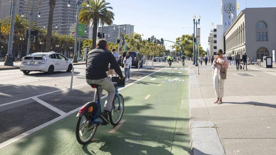 A two-way protected bike lane and wide sidewalk along the Embarcadero in San Francisco.