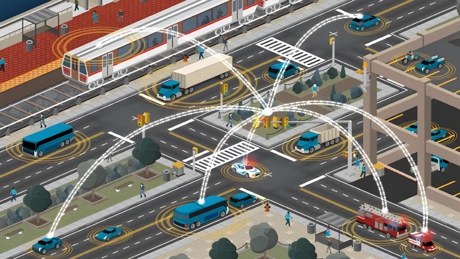 Illustration representing intelligent vehicles communicating with each other.
