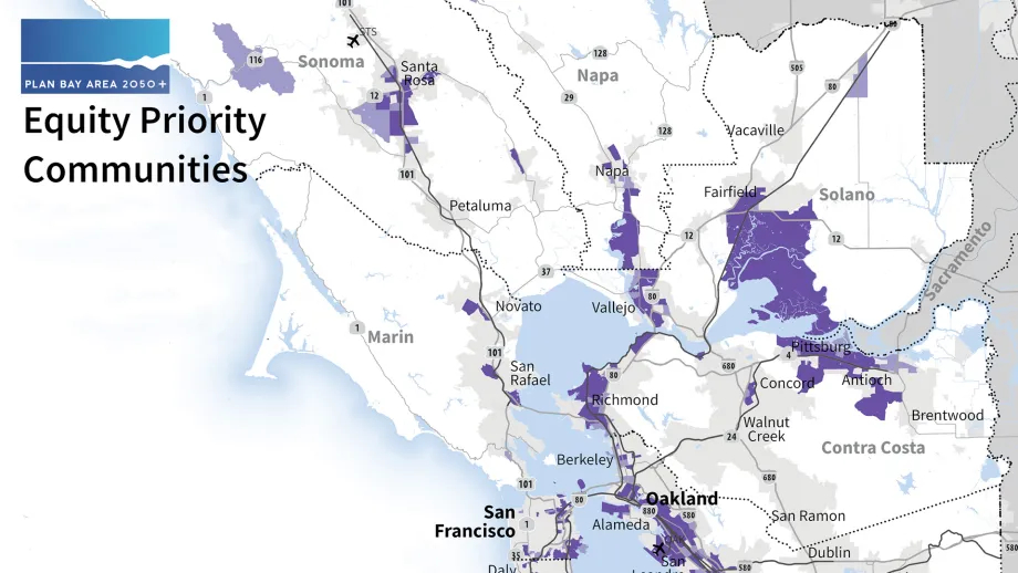 Partial view of the Equity Priority Communities map of the Bay Area.
