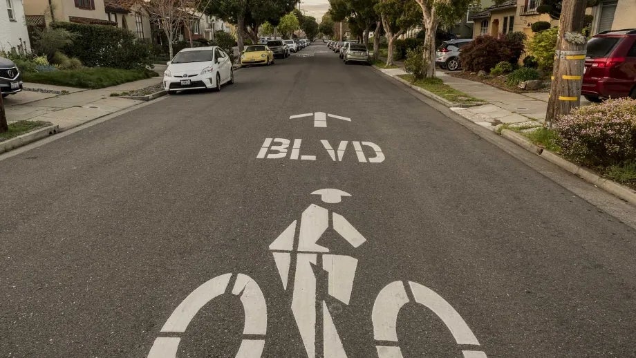 A "bicycle boulevard" logo stenciled on to a street.