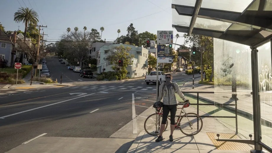 A cyclist waits for a bus at a center boarding island.