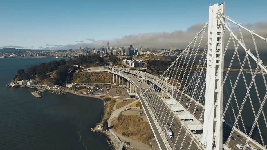 East span of the San Francisco-Oakland Bay Bridge with the San Francisco skyline in the background.