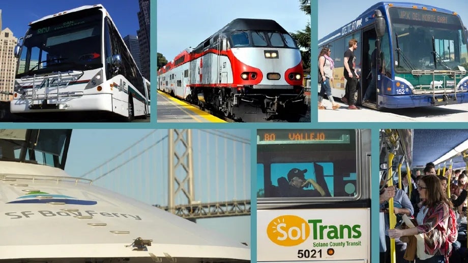 a collage of different Bay Area transit vehicles, including a ferry, a SolTrans bus and Caltrain train