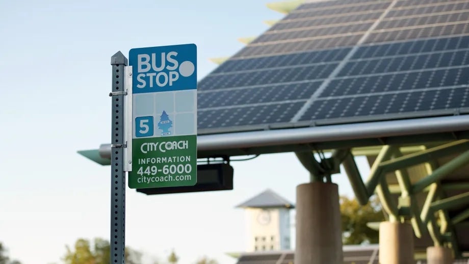 City Coach bus stop sign at the Vacaville transit center.