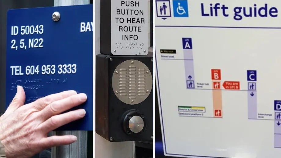 Assistive technology for transit customers with disabilities: a braille sign, audible route information, and a map indicating the location of elevators.