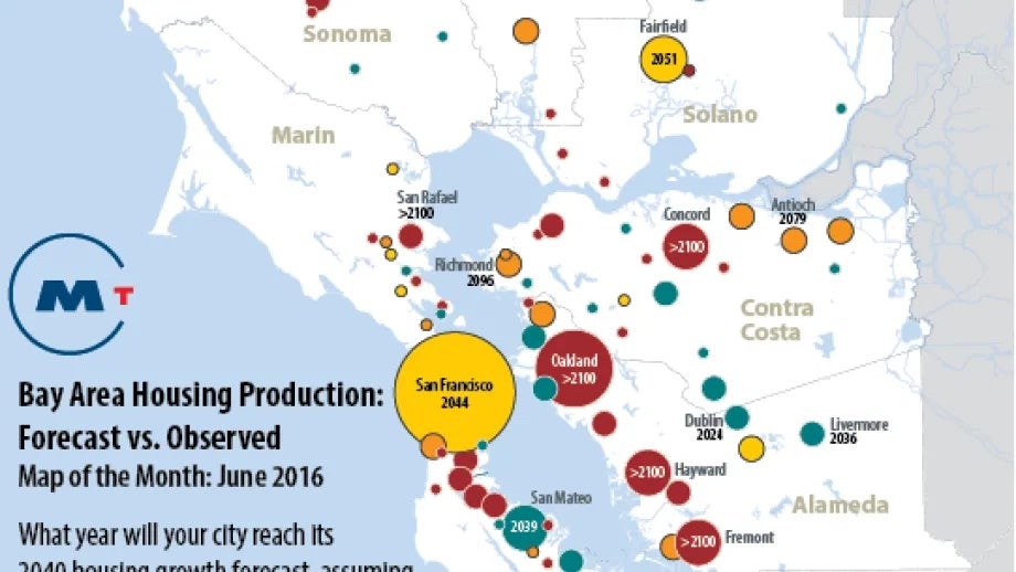 Map showing forecasted and observed housing production in the Bay Area.