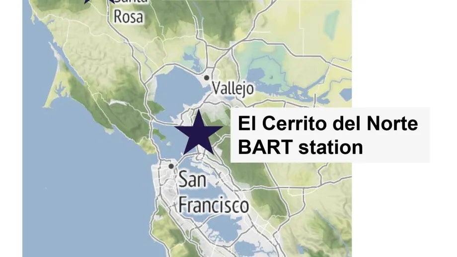Map showing locations of the two stations where the trial will be taking place: Santa Rosa Transit Mall and El Cerrito del Norte BART station.