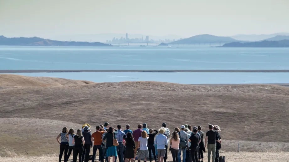 A group of designers views a potential site location near SF Bay.