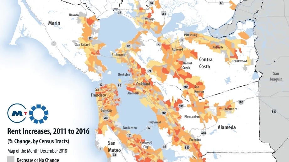map of Bay Area Rent Increases