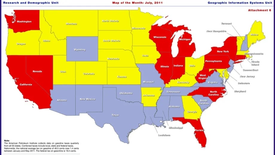 map of Combined Gasoline Taxes By State